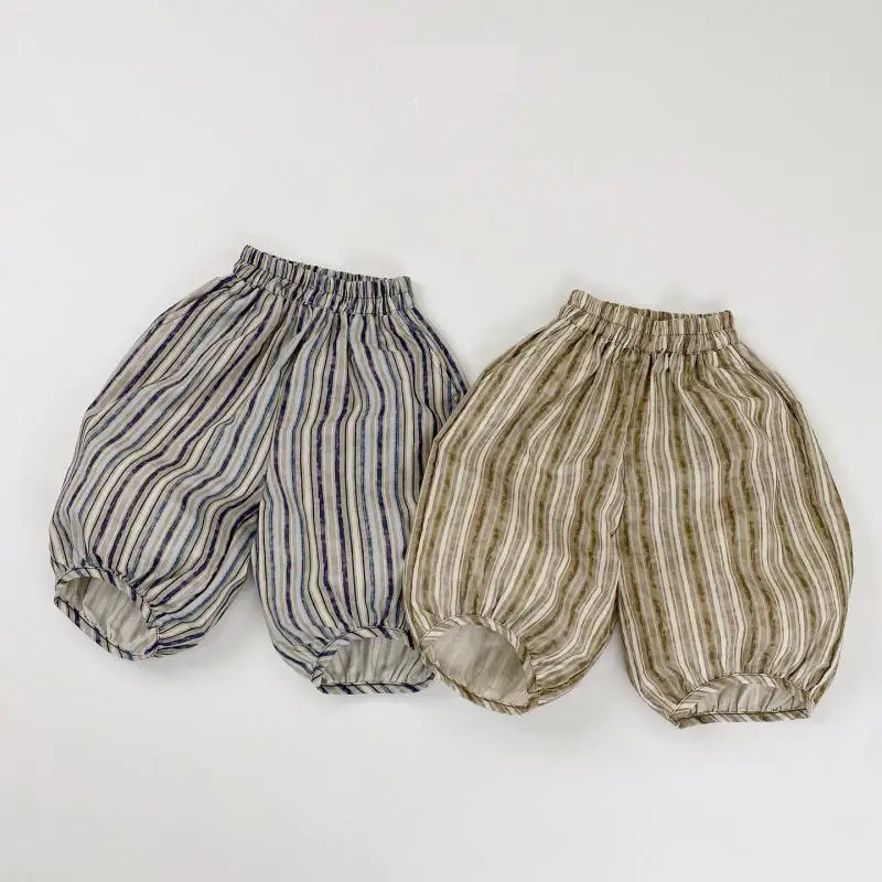 

2026 Summer New Children Casual Pants Toddler Girls Striped Print Lantern Pants Cotton Kids Boys Thin Mosquito Proof Pants
