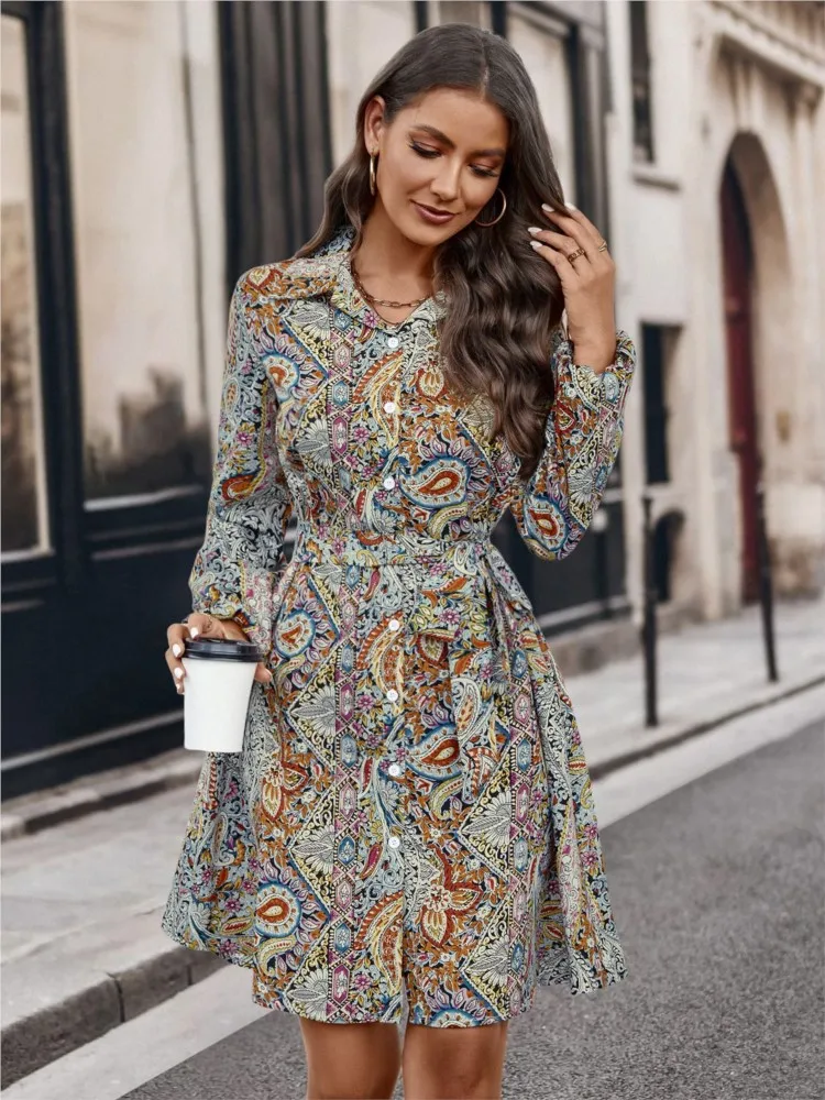 Women's New Autumn Fashion Printed Long Sleeved Single Breasted Shirt Sexy V-neck Casual Comfortable Lapel Long Sleeved Dress