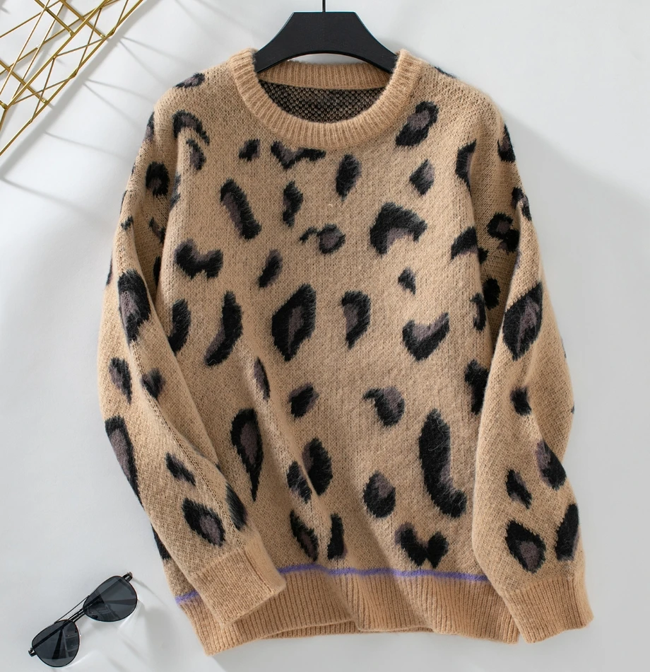 Long sleeved leopard print jacquard brushed sweater  2025 autumn winter spring new fashion casual pullover tops Female clothing