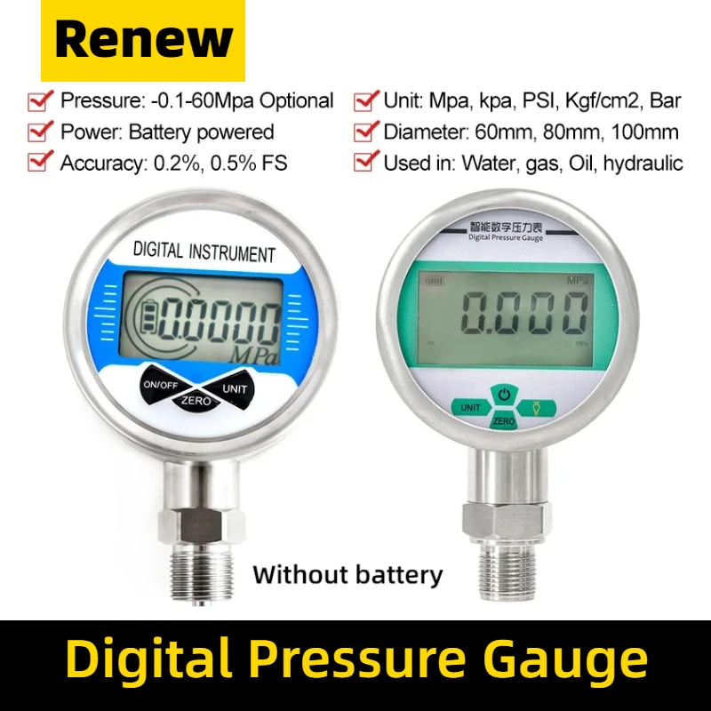 Battery Powered Stainless Steel Intelligent Digital Display Pressure Gauge High-precision Water Air Vacuum Pressure Meter