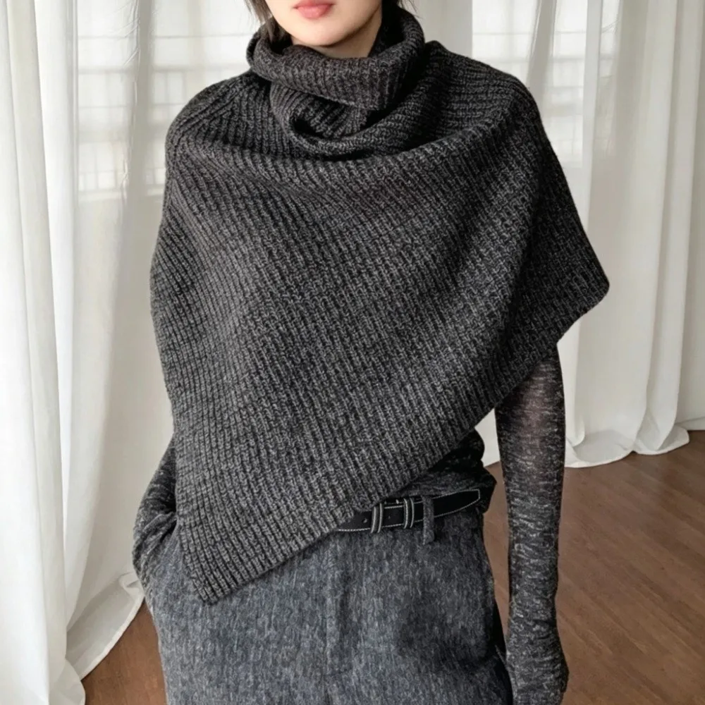 Thick Knit High Collar Scarf High Collar Pullover Style Shawl Cape Wrap Layer Up Split Design Warm Knitted Neck Wrap Winter Wear