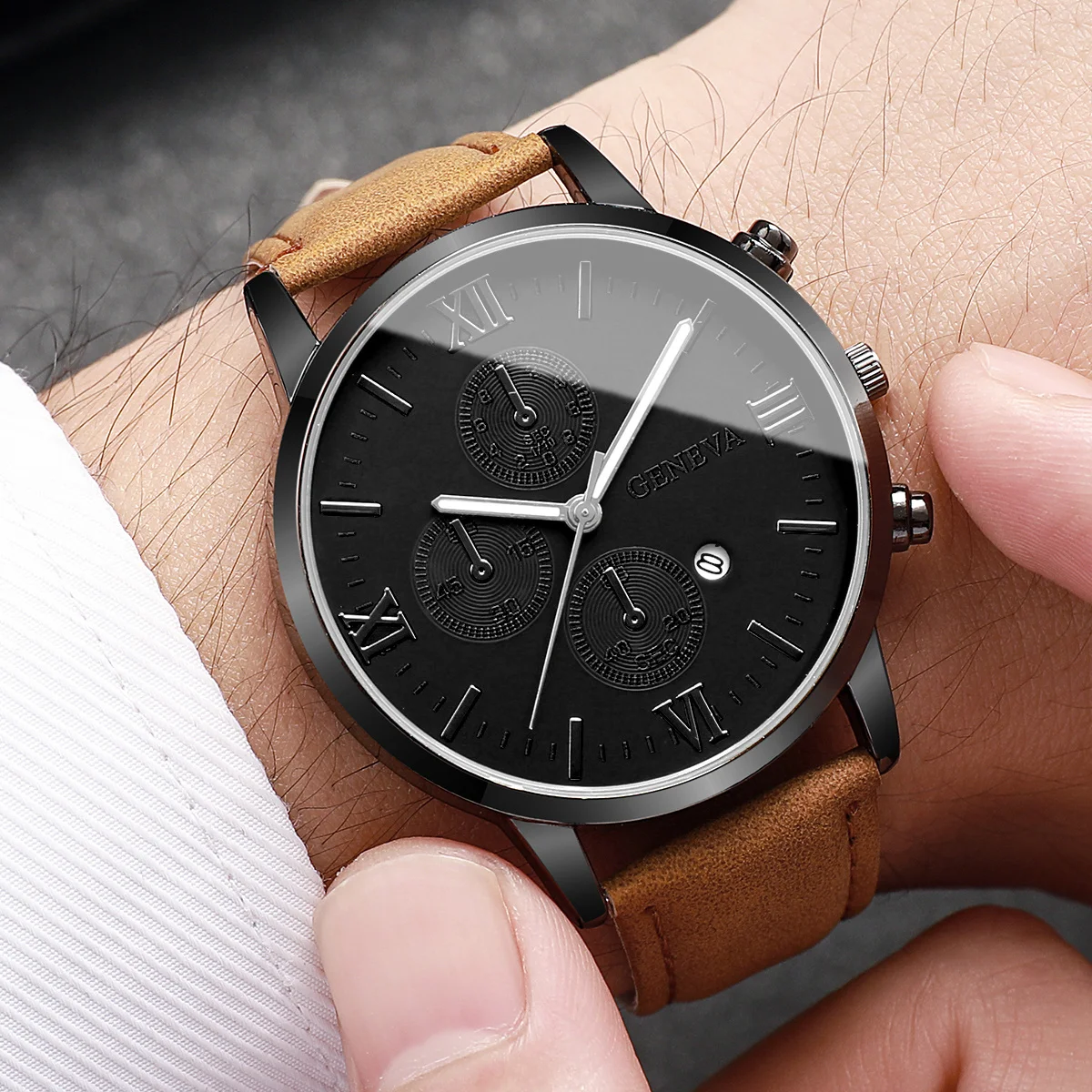 2 قطعة/المجموعة رجال الأعمال الساعات موضة روما الهاتفي تاريخ ساعة حلقة من جلد كوارتز ساعات المعصم Relogios Feminino (بدون صندوق)