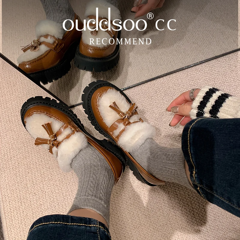 

Ods Luxury Leather Loafers Women Autumn Winter New Fashion Casual Shoes Fur Patchwork Brown Antiskid Thick Bottom Women's Shoes