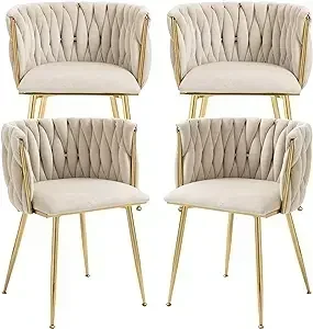 

Velvet Dining Chairs Set of 4, Woven Upholstered Dining Chairs with Gold Metal Legs, Modern Accent Chairs for Living Room