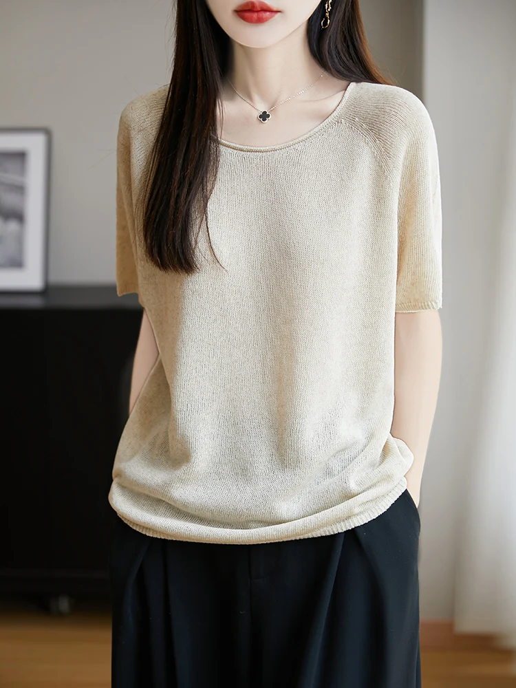 

Трикотажная футболка из ледяного шелка и льна, женская свободная посадка, дышащий базовый слой для похудения, маленький топ на лето 2023 г.