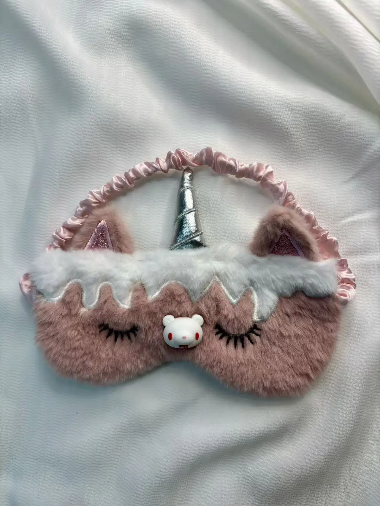 قناع النوم القطيفة على شكل دب غلومي - نمط وحيد القرن الوردي مع قرن فضي وسحر الدب اللطيف، غطاء عين رقيق ناعم #4