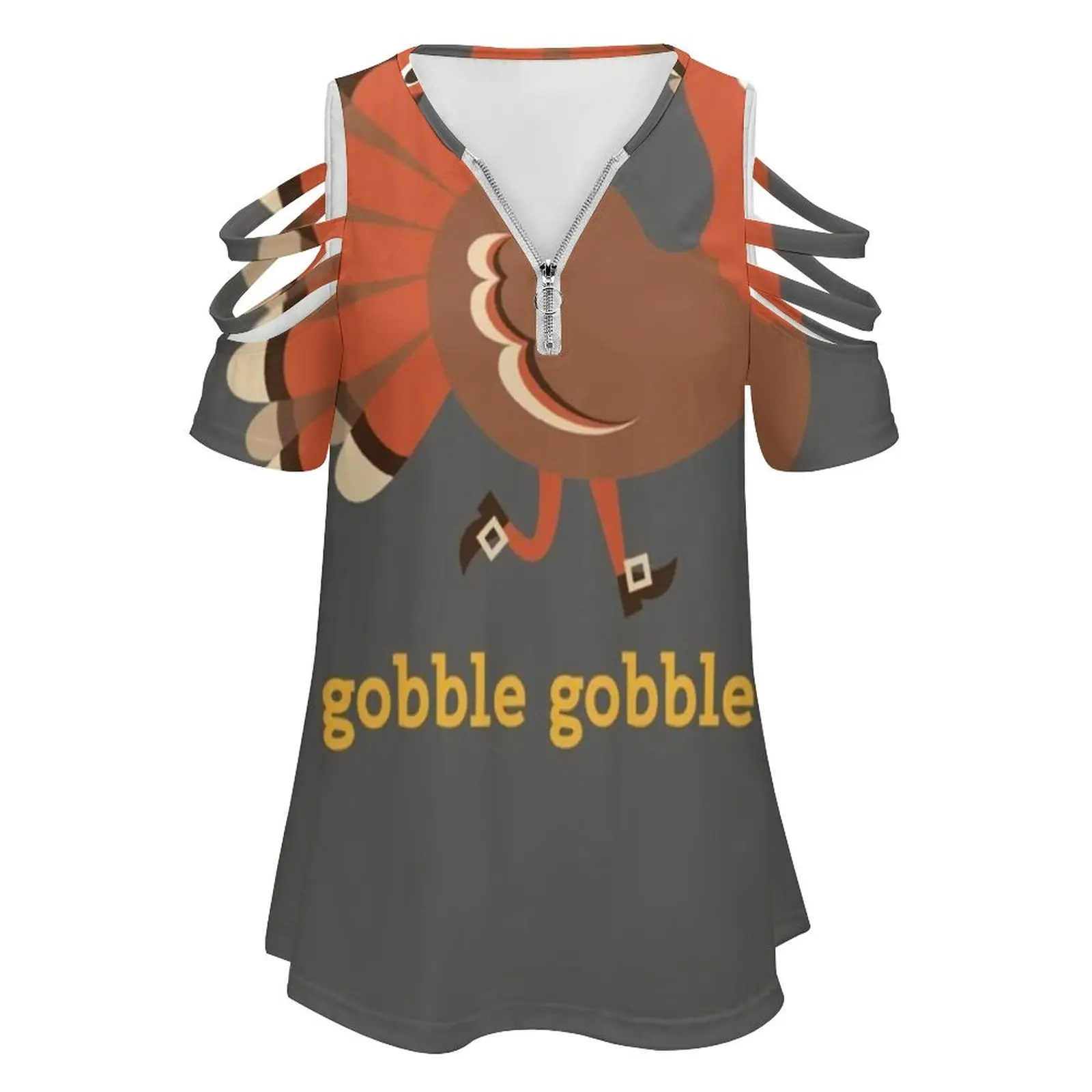 Gobble Gobble Turkey Thanksgiving Digital Art Women's T-Shirt New Fashion Printed Zipper V-Neck Short Sleeve T Shirts Casual