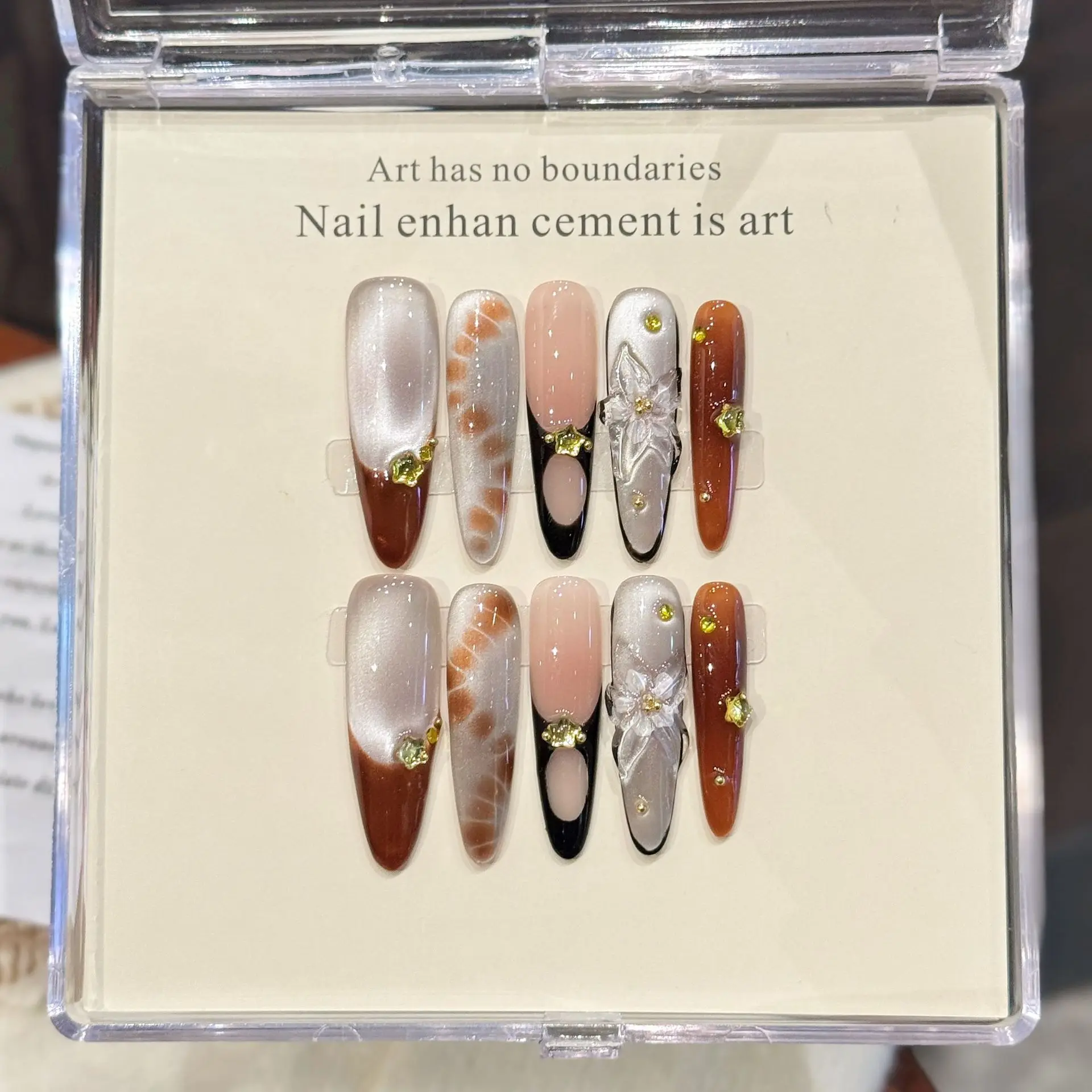 10pcs Handmade Long Stiletto Press On Nails Cat Eye French 3D Carving Flower Designs Y2K Sweet Cool Wearable Fake Nails Art Tip