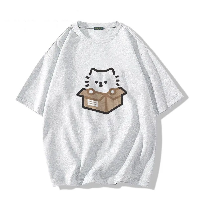 Cotton Japanese Cute Cat Printed Short Sleeve T-shirt Summer 2024 New Loose Half Sleeve Top