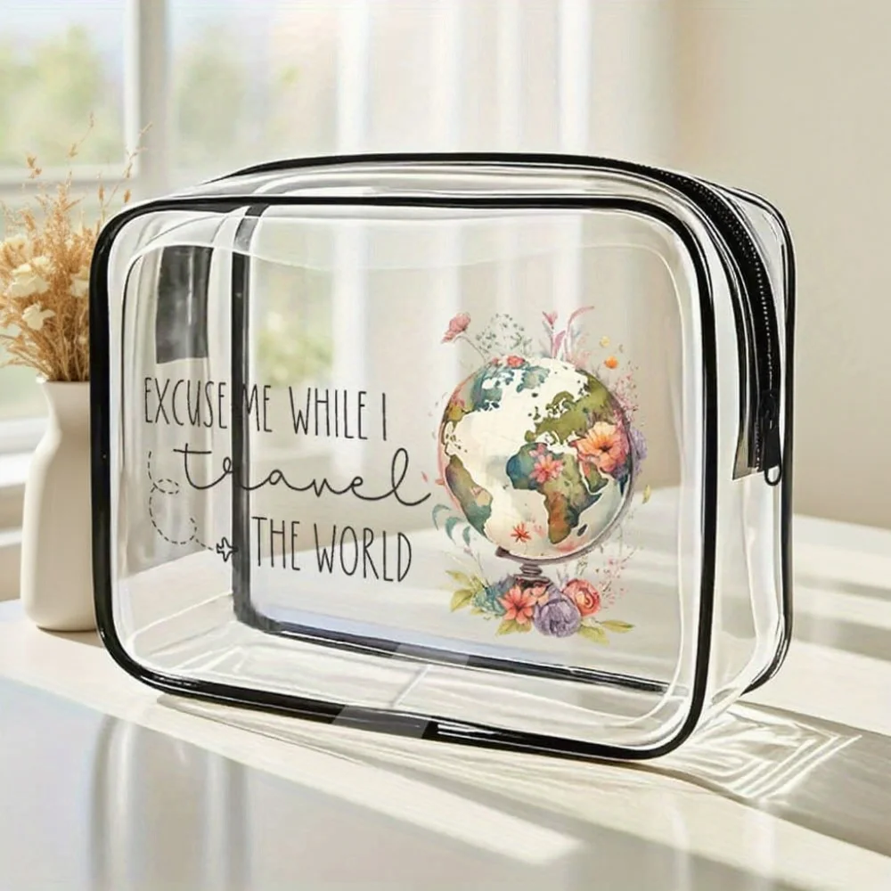 

Women's Clear World Map Toiletry Bag - Travel Makeup Pouch with Globe & Airplane Design, Passport-Style Holder-like Case for Lug