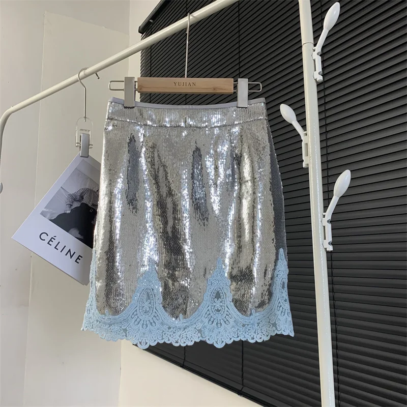 

Lace Sequin Skirt for Women Luxury Fashion with Elastic Summer New High-Waisted Y2k Sexy Lace Glitter Hip Mini Skirt