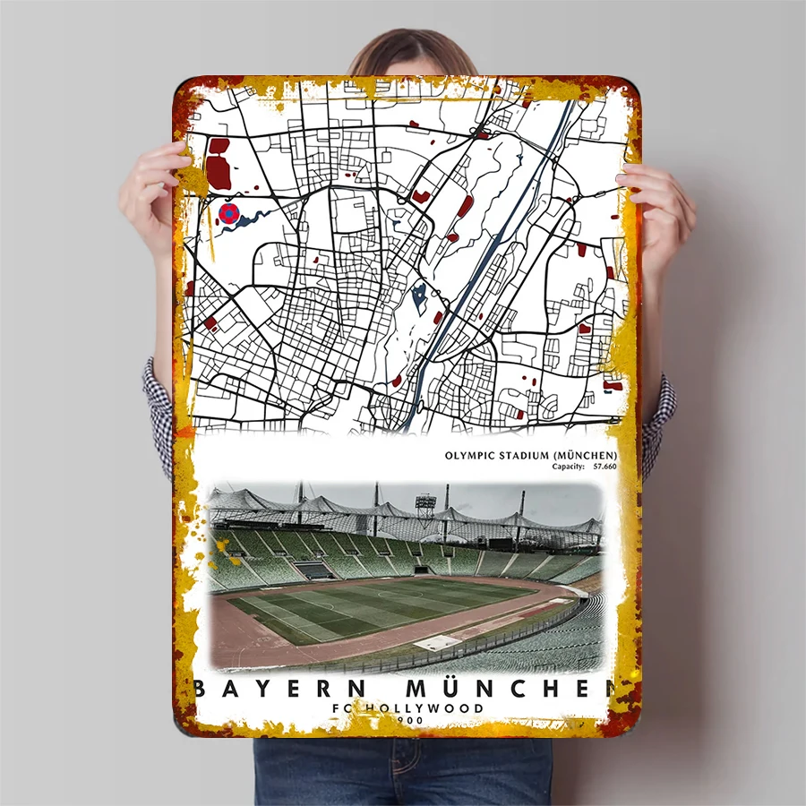 بايرن ميونيخ أليانز أرينا خريطة المدينة المعدنية جدار الفن الألماني نادي كرة القدم ديكور خمر ديكور المنزل #1