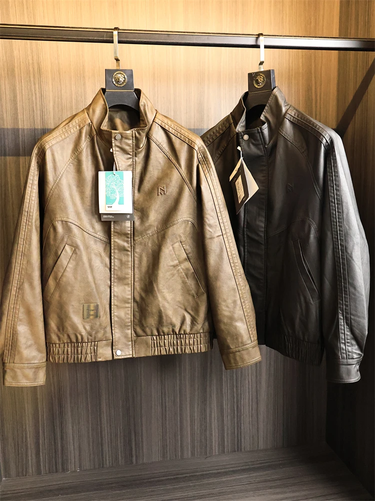 

Мужская мотоциклетная куртка из искусственной кожи с воротником-стойкой, осенняя мода, городская молодежная повседневная длинная застежка-молния, цвет