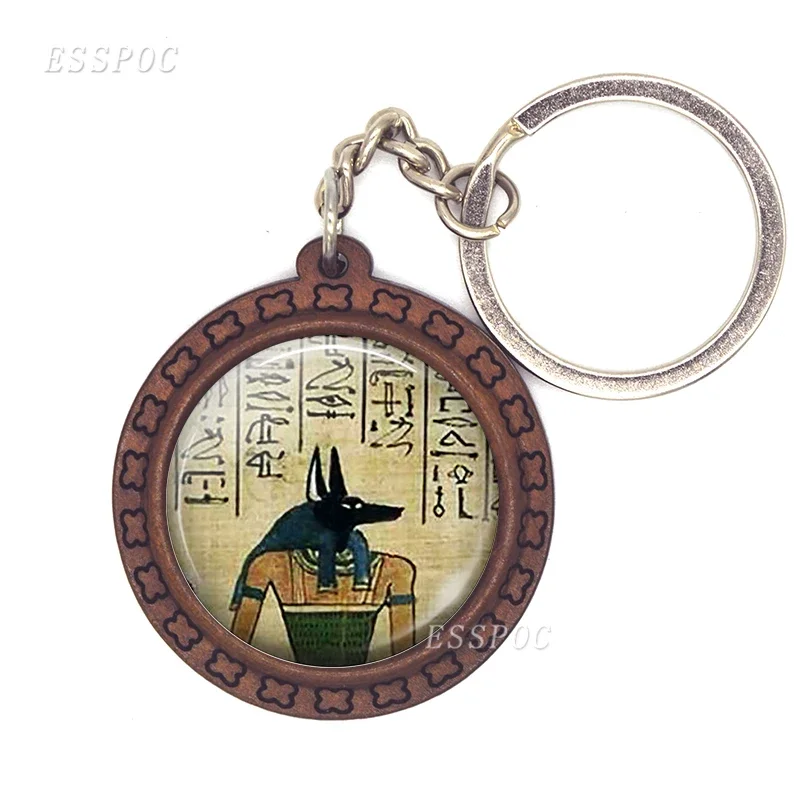 Egyptian Ankh Cross Keychain Vintage Jewelry Ancient Egypt Anubis Scarab Goddess Glass Dome Wooden Keychain Fashion Accessories
