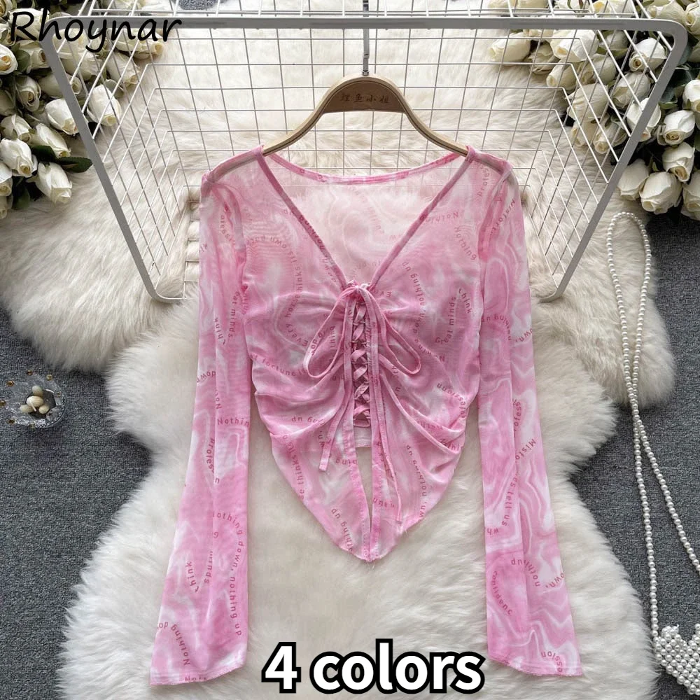 

Рубашки женские прозрачные топы бандажный шикарный дизайн с длинными рукавами летние дышащие солнцезащитные кремы сексуальные праздничные для отдыха тонкие эстетические буквы