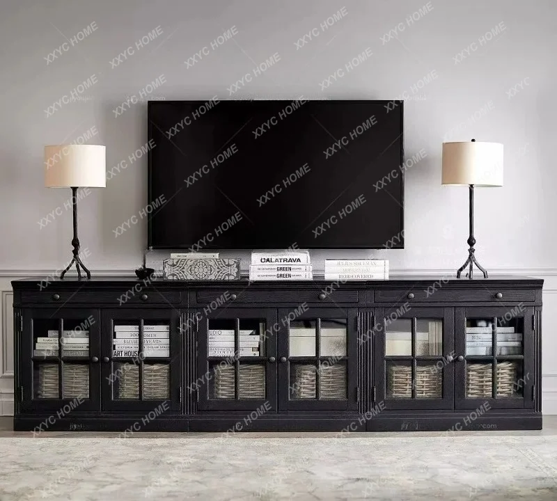 

Solid wood black TV cabinet small apartment, locker floor cabinet