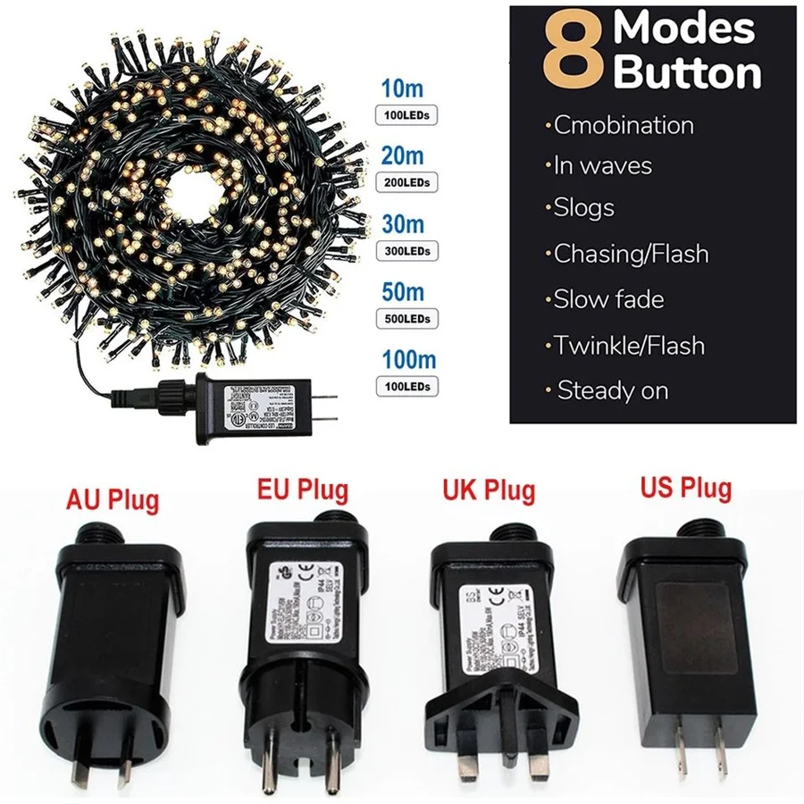 Super helle 20m 30m 50m LED Weihnachts baum Lichterketten im Freien 8 Modi wasserdichte Lichterketten Girlande für Party Terrasse Dekor