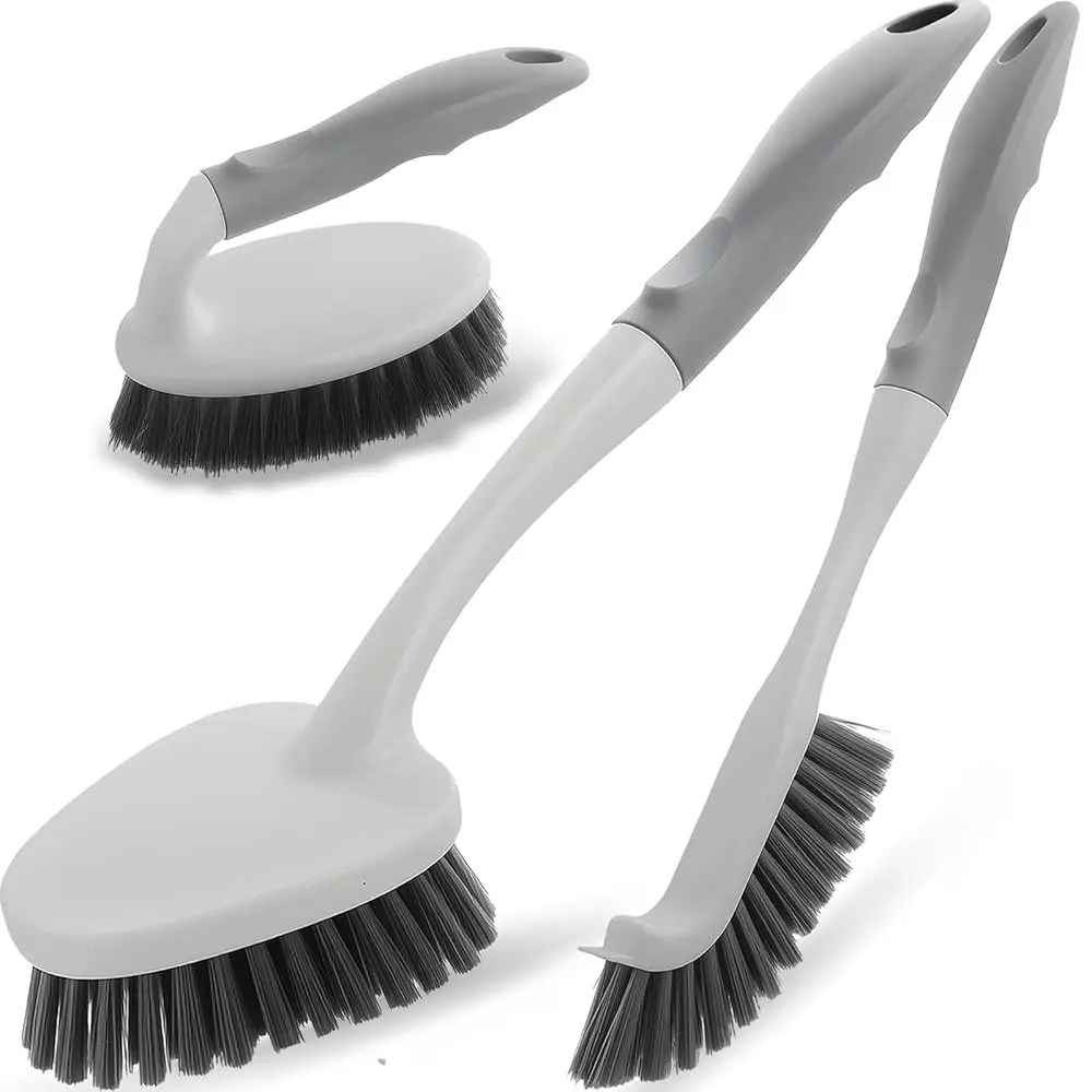 

3 Pack Heavy Duty Scrub Brush Set for Household Use, Long Scrub Brush, Handheld Scrub Brush, and Crevice Brush with a Scraper