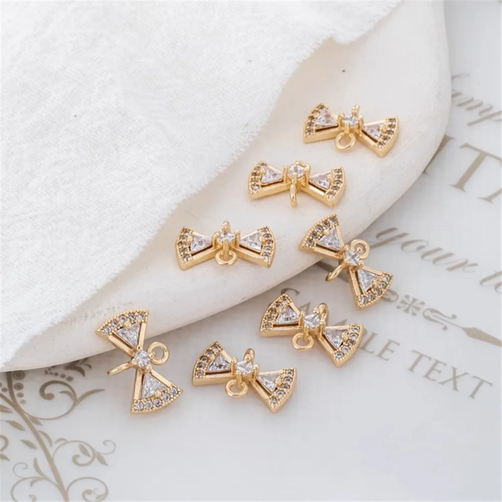 14K Gold Inlaid Zircon Bow Double Ring Pendant, Handmade Jewelry, Homemade Earrings Accessories, DIY