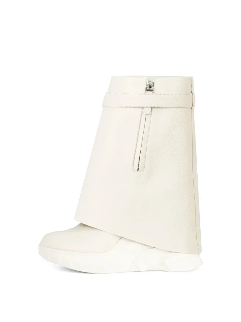 2025New Fashion Thick Sole Leather Short Boots Round Head Shark Boots Women's Slope Heel High Heel Women's Long Boots