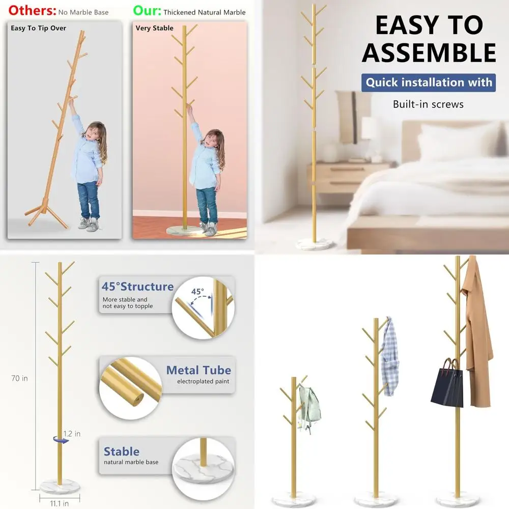 

Прочная металлическая вешалка для одежды с 8 крючками на подставке из натурального мрамора для шляп, сумок и одежды, золотистая отделка