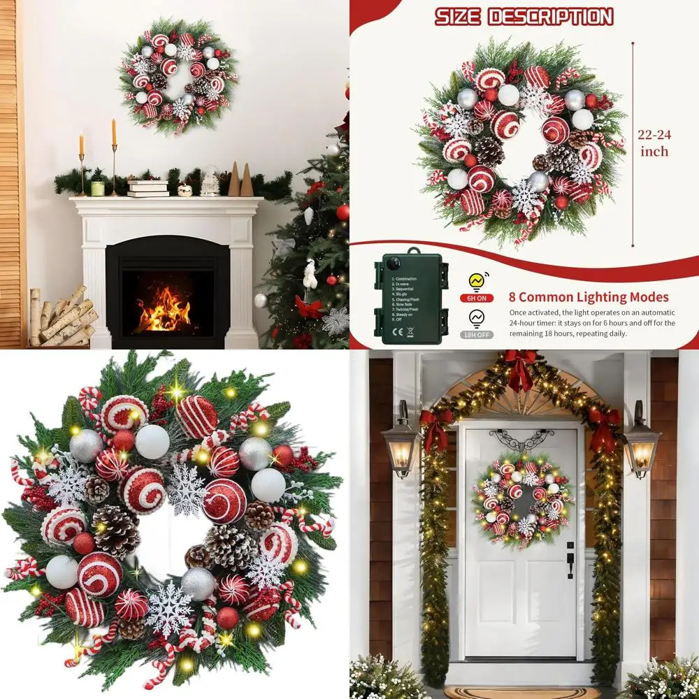 

24 Red & White Christmas Wreath with Snowflakes & Peppermint Candy for Outdoor Holiday Decor