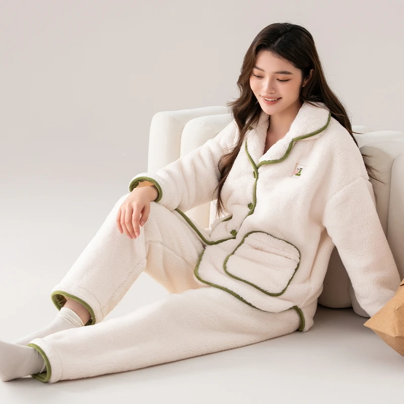 

High Quality Winter Women Pajama Set Warm Flannel Sleepwear Thick Long Sleeve Nightwear