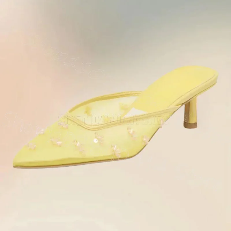 

Yellow Sequins Flower Mesh Pointed Toe Slippers Slip On Women Shoes Thin High Heels Novel Party Banquet 2025 Zapatos Para Mujere