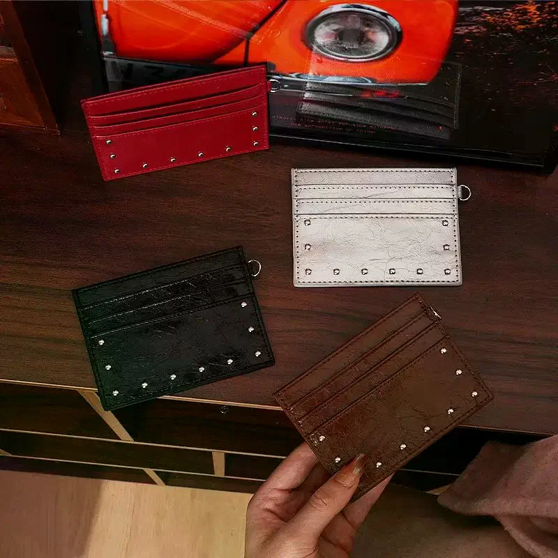 Compact Ultra Thin Cracked Leather Card Wallet Mini Size Multiple Slots with Rivet Design Solid Color pu Coin Purse