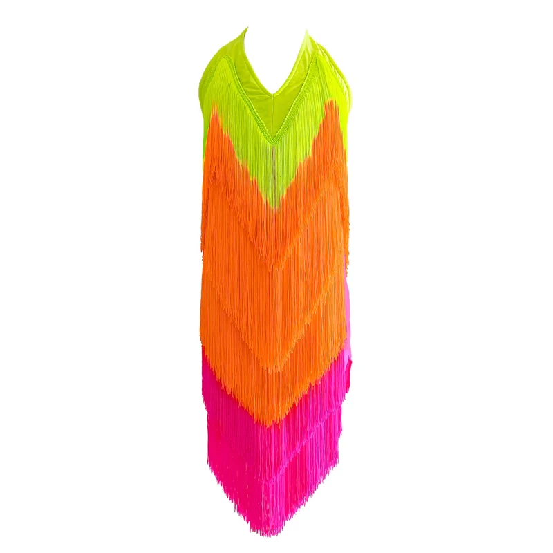 Summer National Standard Ballroom Dance Professional Costume Colorful Full Fringed Dresses Girls Latin Dance Tassels Dress 10541