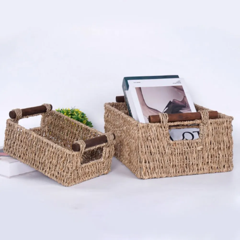 

Straw Storage Woven Baskets Organization Makeup Vanity Toiletries Holder Rectangular Basket Cosmetics Organizer Sundries Storage