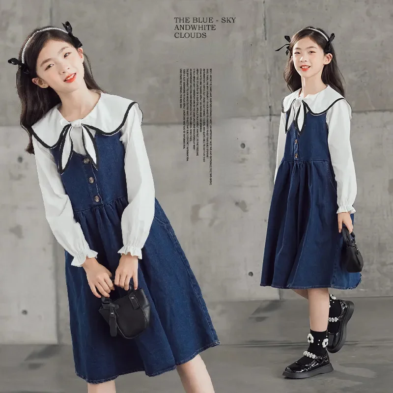 

Girls 2023 New Autumn Vest Suit Dress Medium and Large Children Korean Style Denim Two-piece Princess Skirt 7-14years Old