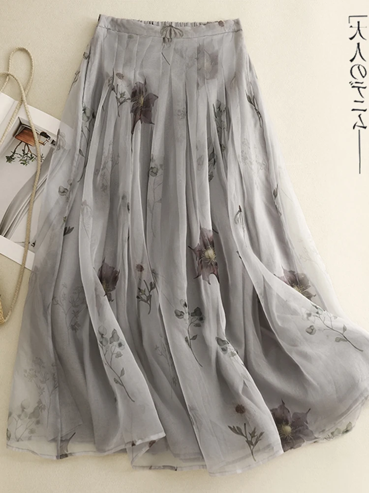 تنورة نسائية صيفية كبيرة الحجم بتصميم ريترو من القطن والكتان، طباعة مزدوجة الطبقات، قصة A-line، خصر عالي، مطوية، أنيقة وعصرية