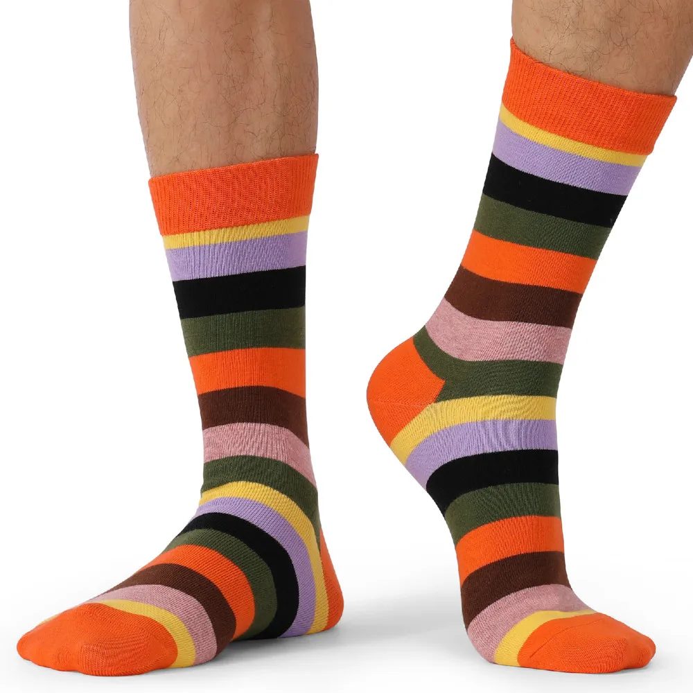 Größe 41–48, lässige Mode, Baumwolle, lustige lange Herrensocken, Kontrastfarbe, Regenbogenfarben, größere Größe, Streifensocken für Herren