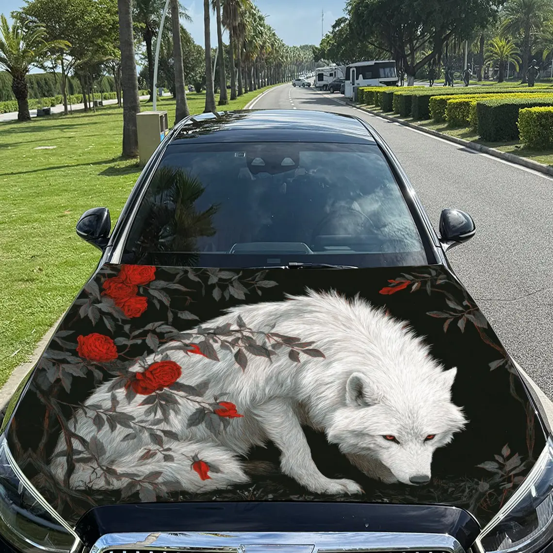 

Виниловая пленка для автомобиля «Красота белого волка и красных роз», водонепроницаемая наклейка на капот автомобиля из ПВХ, самоклеящаяся устойчивая к царапинам Sti