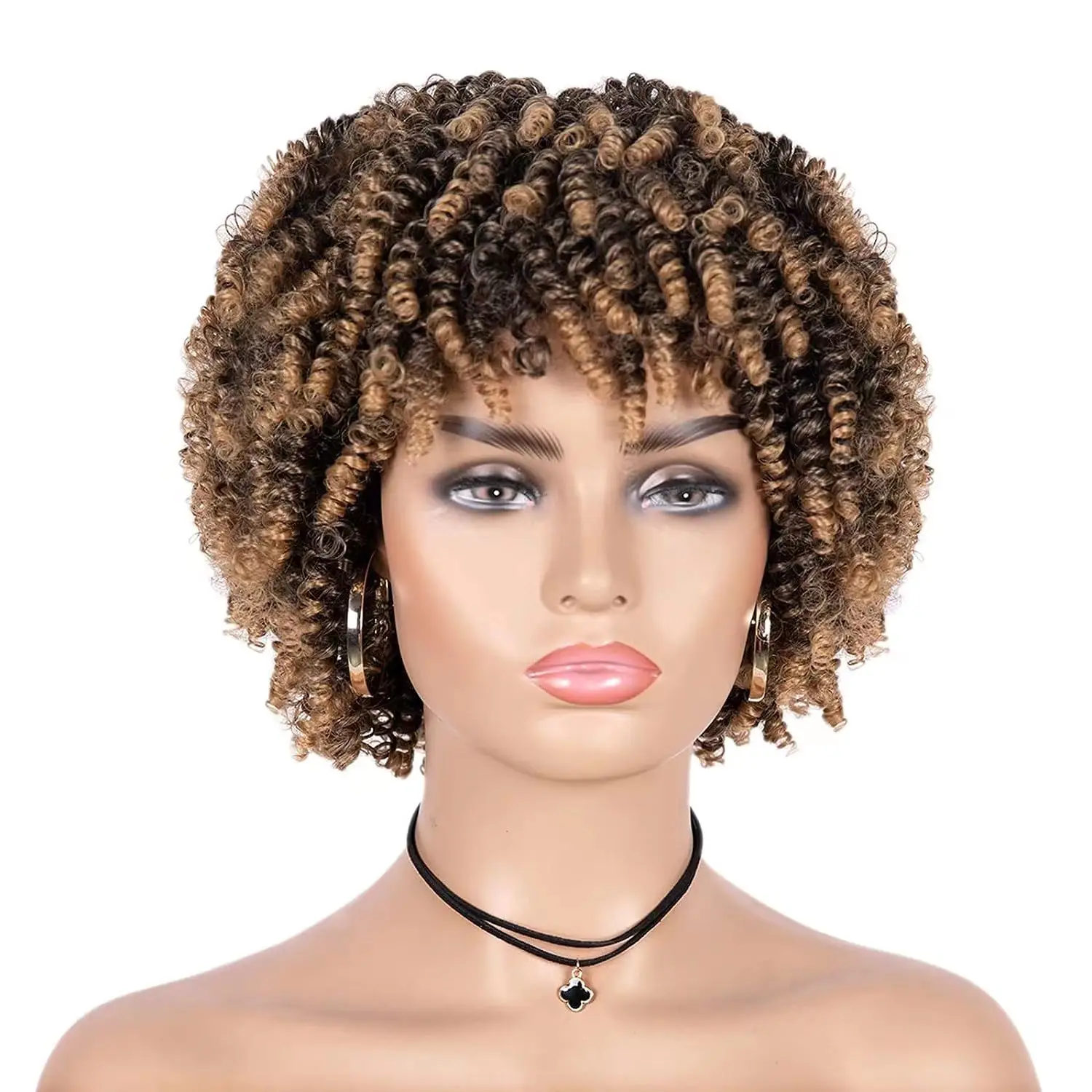 Short Kinky Curly Afro Synthetic Hair Wig for Black Women with Bangs Natural Cosplay