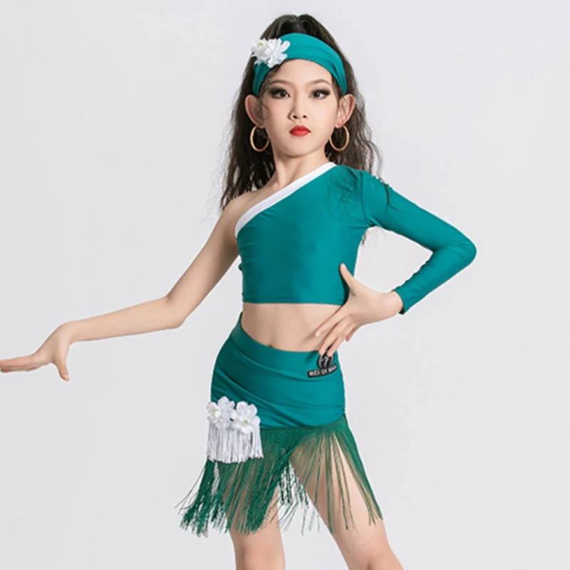 Kids Latin Dance Dress Girls One-Sleeved Tops Flower Fringe Skirt Green Dress Suit Performance Costume Competition Wear DNV20443