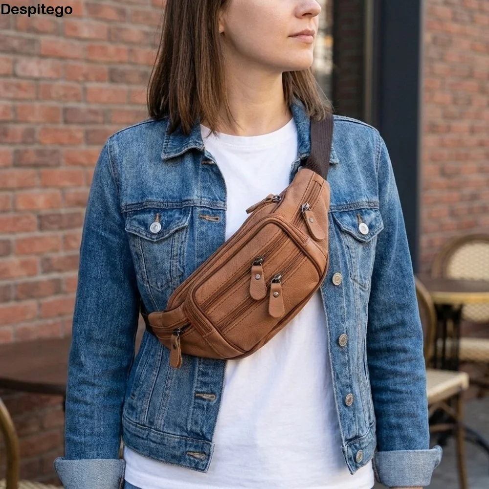 Solid Color Genuine Leather Fanny Bag Adjustable Buckle Strap Waterproof Travel Waist Bag Zipper Multi-layered Men's Chest Pouch