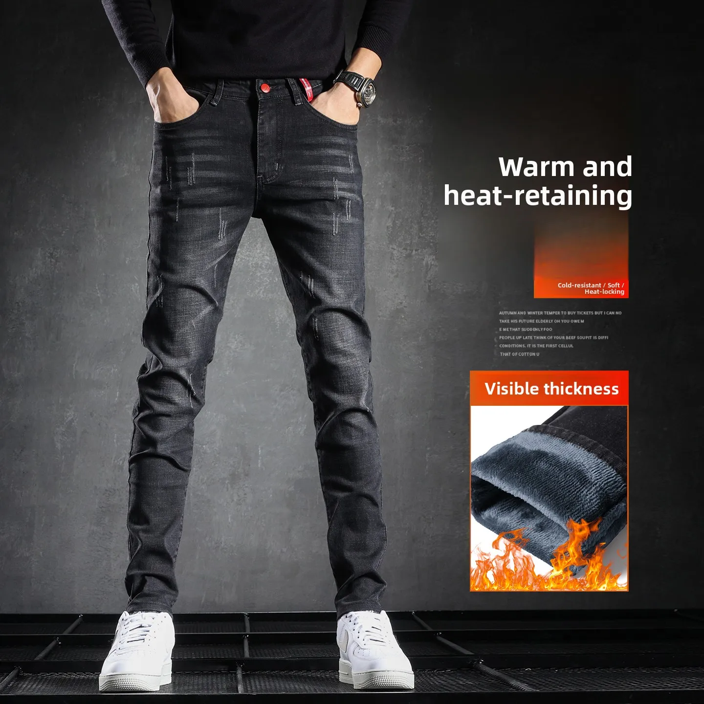 

Thiened Fce Warm Winter Denim Jeans Thiened Fce with Velvet High Waist Straight Leg Jeans for Men