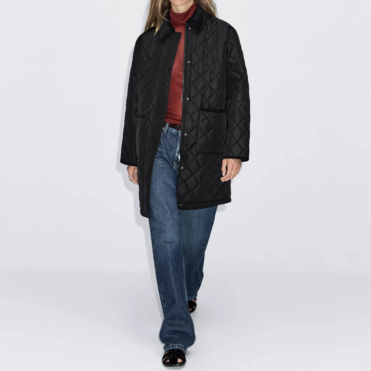 

Женская стеганая хлопковая куртка с ромбовидным узором, осеннее новое поступление, длинная миди-миди на одной пуговице, однотонный цвет