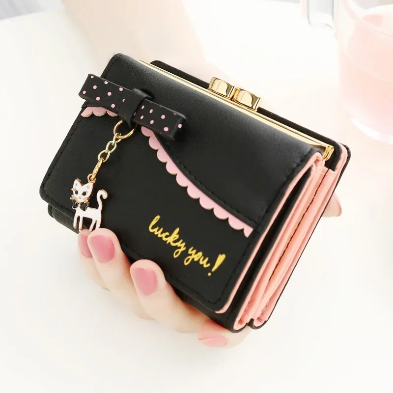 Ladies Wallet Cute Female Short Japanese and Korean New Cat Mini Pendant Student Small Wallet Metal Coin Purse Card Holder