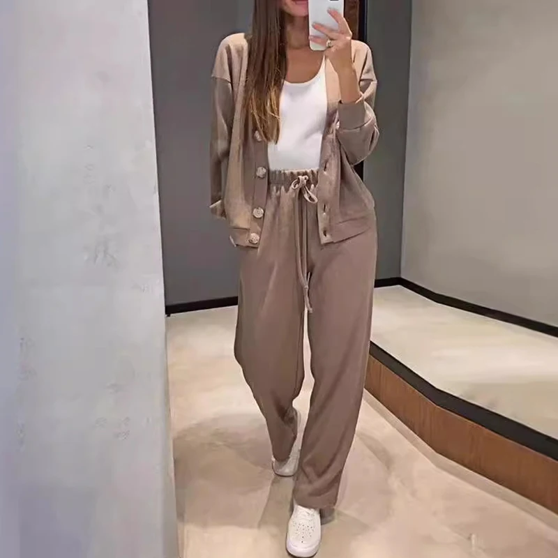 Solid Sports Comforty Casual Two Piece Set Women Spring V Neck Button Top Jacket & Sweatpant Outft Fall Long Sleeve Lace-up Suit