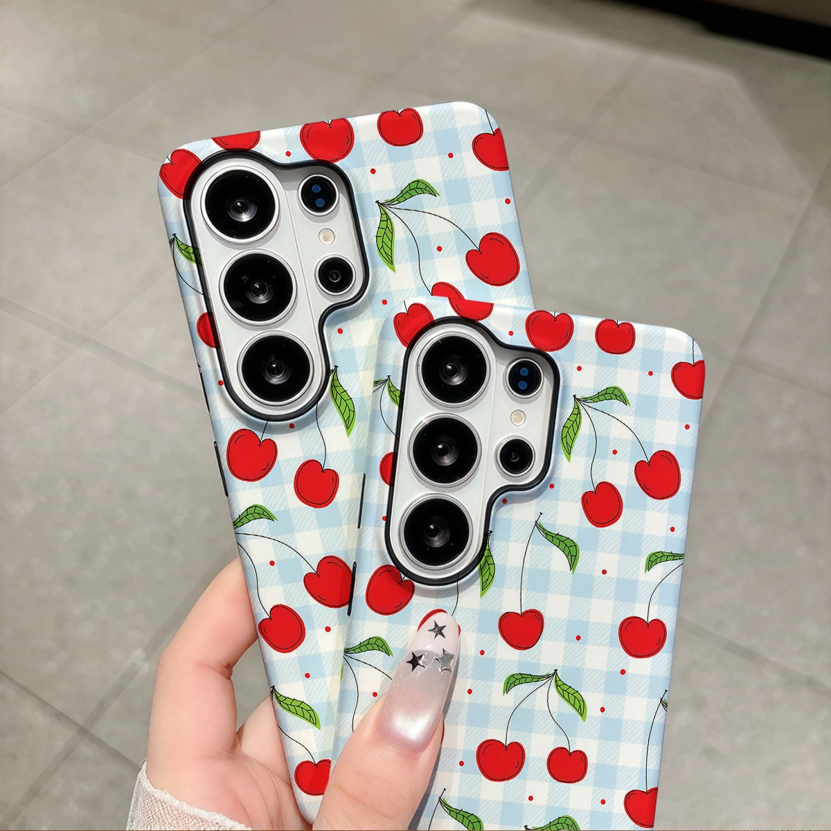 Sweet Cherry Check Phone Case For Samsung Galaxy S26 S25 Ultra S24 S23 Plus Hard Shock‑Absorption 2-in-1Protective Cover