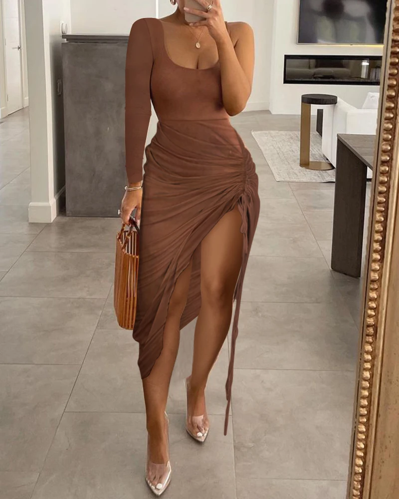 

Summer Women Plain High Slit Ruched Dress 2023 Femme Sexy Solid Drawstring One Shoulder Skinny Robe Office Lady Outfits traf