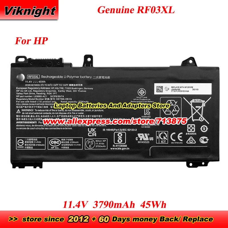 

Genuine RF03XL Battery 3ICP/6/60/74 HSTNN-OB1Q for HP Probook 450 455 G7 HSTNN-DB9R L83685-271 L83685-AC1 L84354-005 RF03045XL