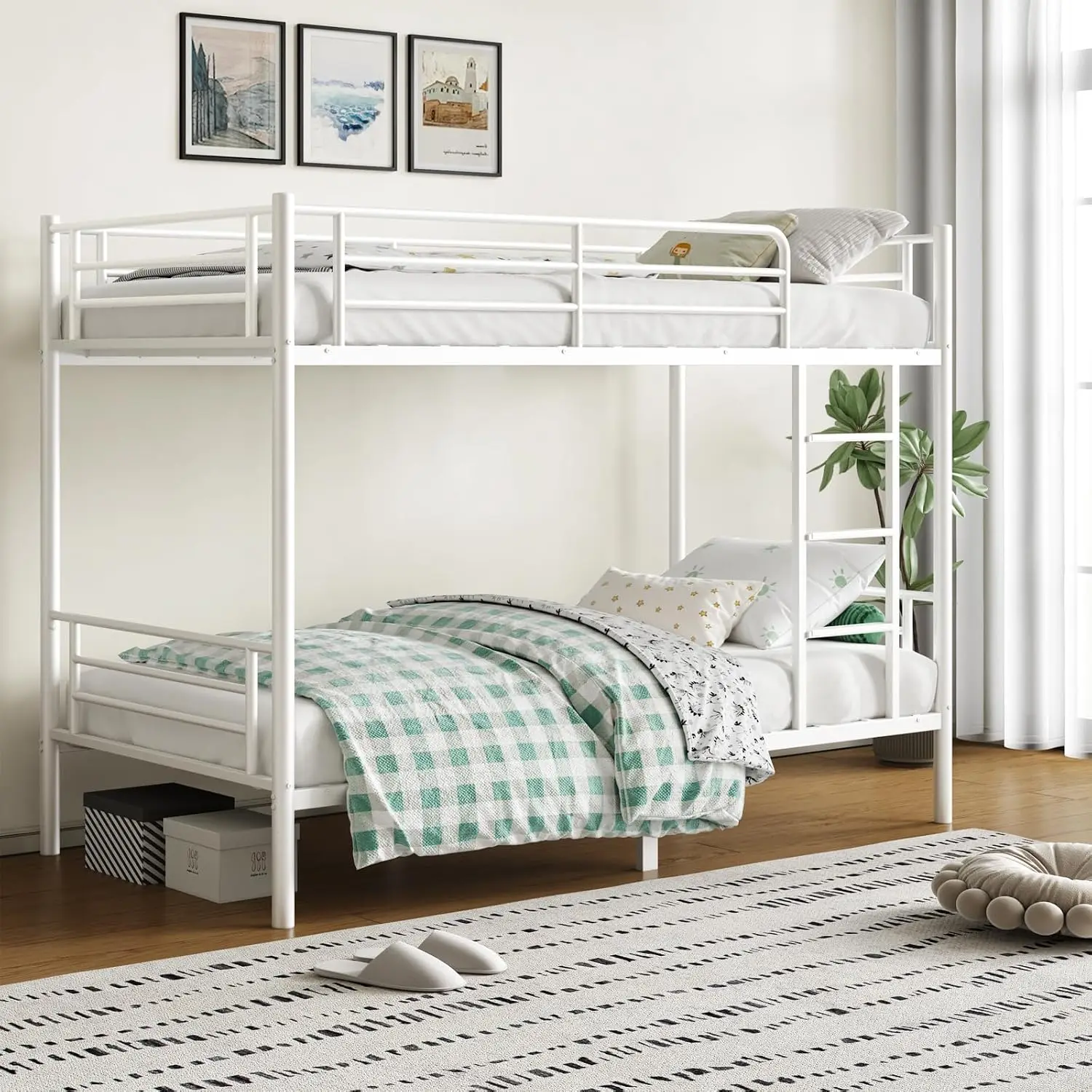 Twin Over Twin Bunk Bed with Ladder & Guardrail, Heavy Duty Metal Slats 400 lbs Capacity No Box Spring Needed, Customized