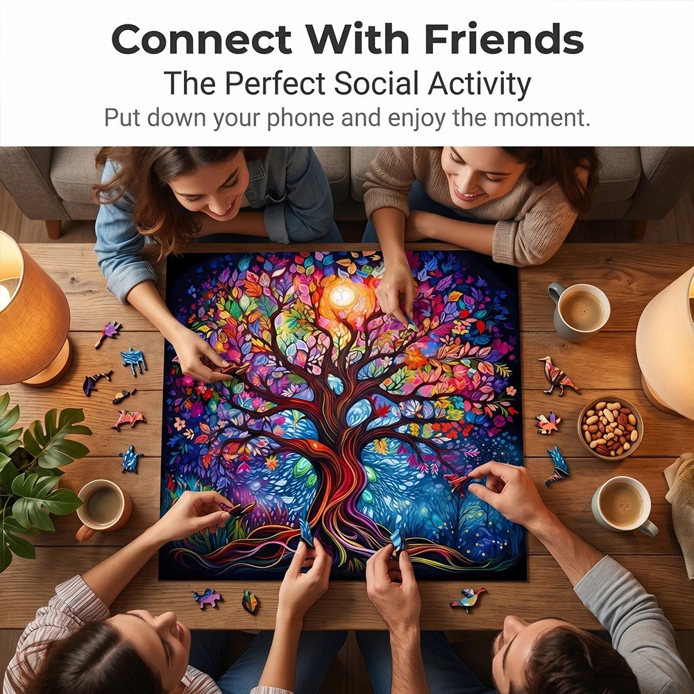 Colorful Rainbow Tree of Life Wooden Jigsaw Puzzle, Unique Irregular Animal Shaped Pieces, 5A Advanced Difficulty, Family Stress Relief Game, Framable Vibrant Tree Wall Decor, Nature Lover Birthday Holiday Gift