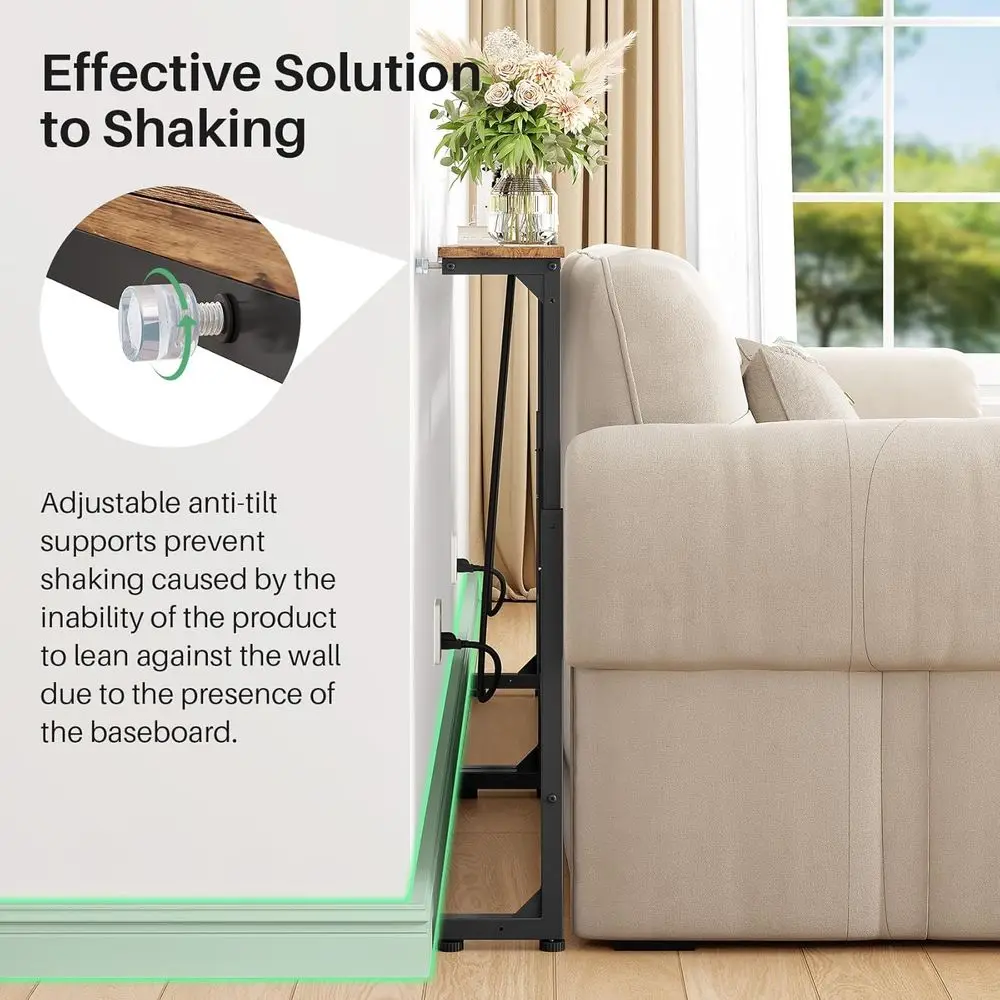 Adjustable Height Narrow Sofa Side Table, 79 L x 5.9 W, 2 Power Outlets, Rustic Brown Console