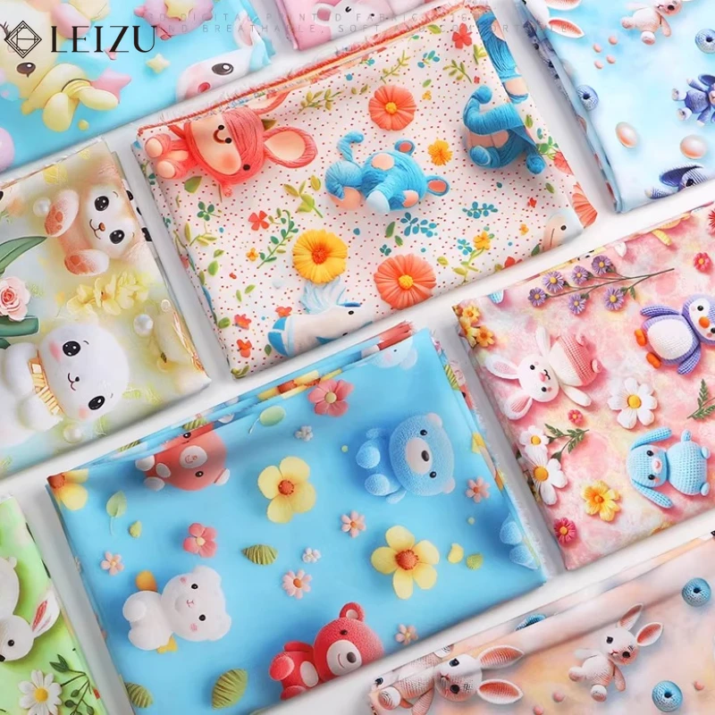 

3D Digital Printed Fabric Animal Print Cotton Silk Fabrics Breathable Cartoon Teddy Bear for DIY Clothes, Dress Sewing Materials