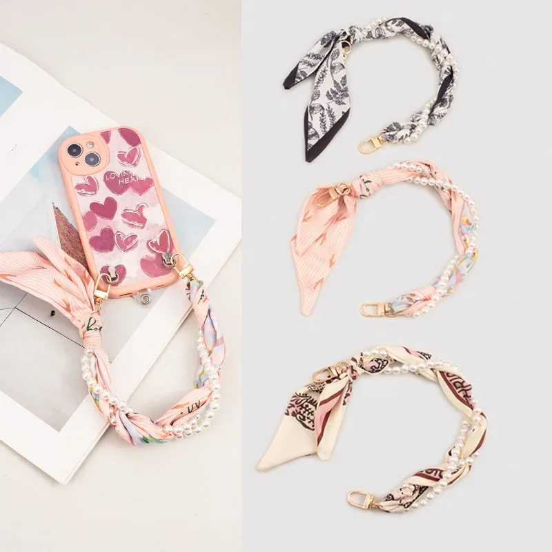 Cute Cell Phone Lanyard Ins Style Pearl Compilation Ribbon Creative Bag Phone Case Charm Keychain Handmade Compilation Hand Rope